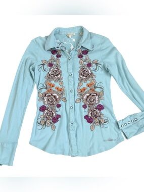 Stetson Sky Blue Floral Embroidered Pearl Snap Button-Down Western Shirt, Small